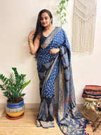 Aasman: Indigo and Black Ajrakh Handblock Printed Dola Silk Saree