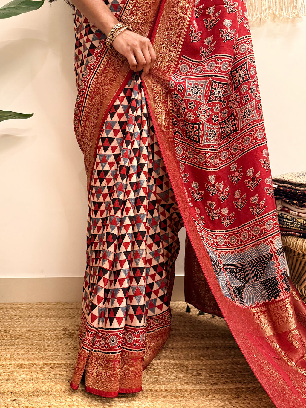 Dilruba: Cream and Red Ajrakh Handblock Printed Dola Silk Saree