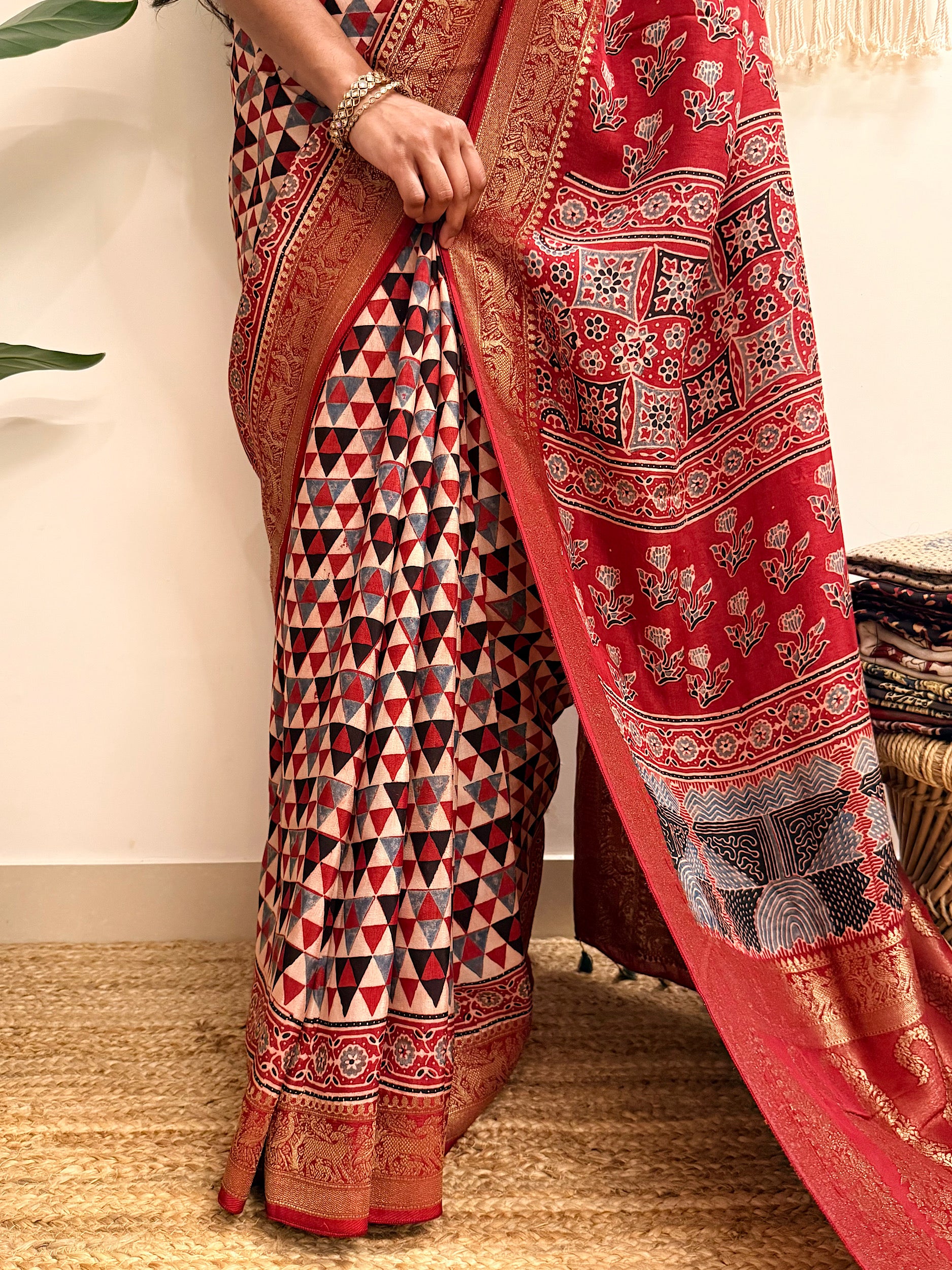 Dilruba: Cream and Red Ajrakh Handblock Printed Dola Silk Saree