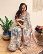 Rimjhim: Dusty Blue and Beige Ajrakh Handblock Printed Kota Doria Saree