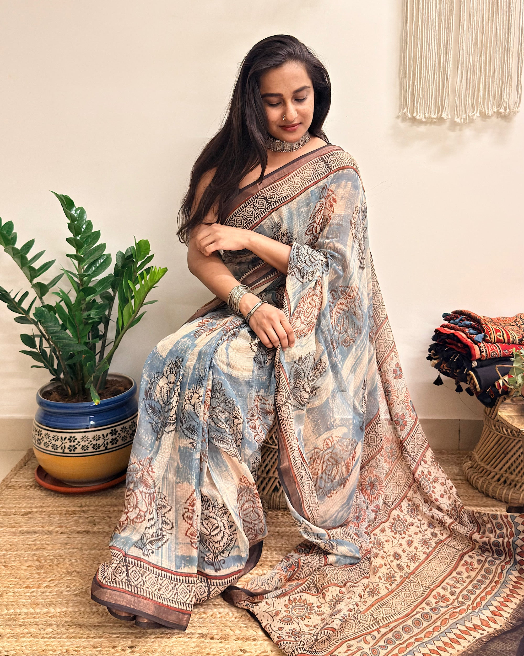 Rimjhim: Dusty Blue and Beige Ajrakh Handblock Printed Kota Doria Saree