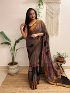 Adaa: Black Ajrakh Handblock Printed Mul Cotton Saree with Zari Border
