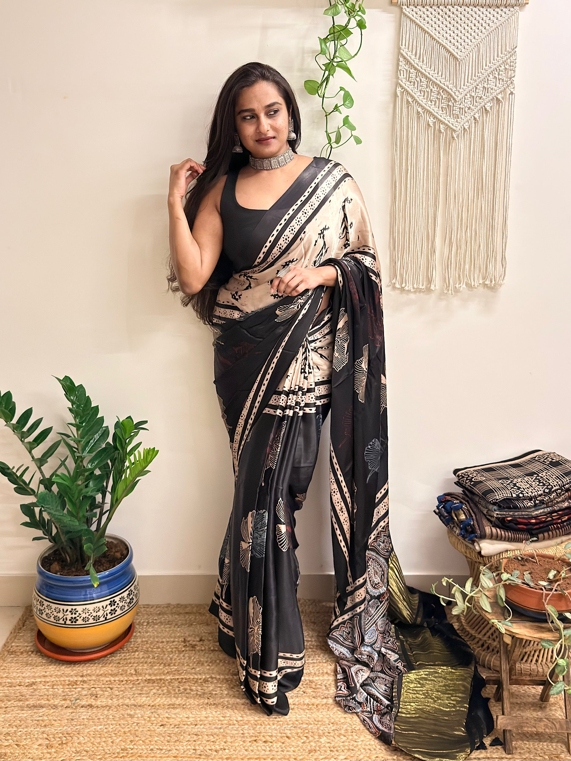 Meet me at Dusk: Charcoal Black Ajrakh Handblock Printed Modal Satin Saree with Tissue Pallu
