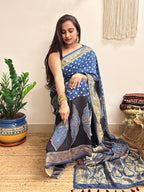 Aasman: Indigo and Black Ajrakh Handblock Printed Dola Silk Saree
