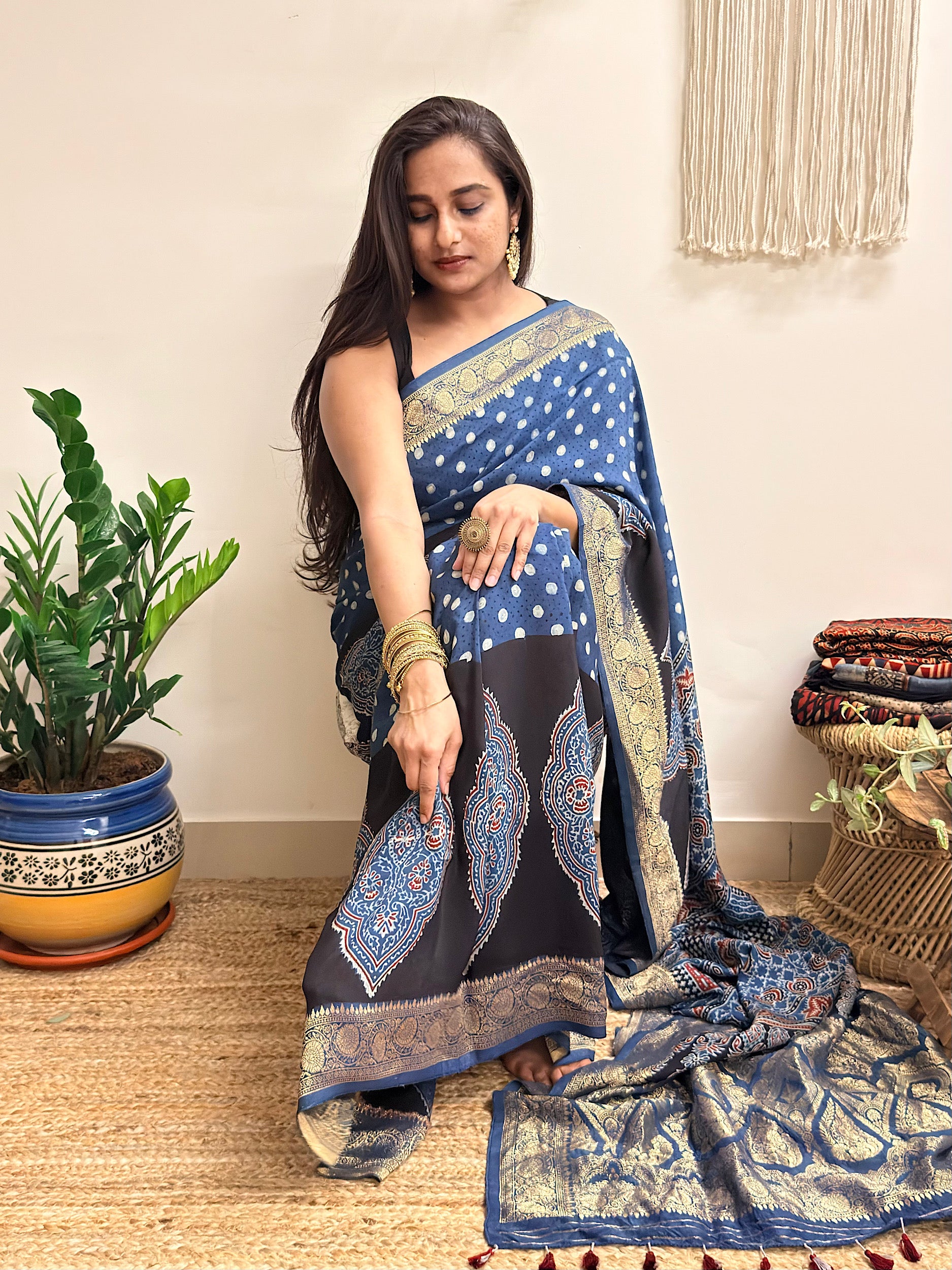 Aasman: Indigo and Black Ajrakh Handblock Printed Dola Silk Saree