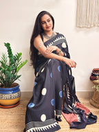 Velvet Night: Black Oversized Polka Dots Ajrakh Handblock Printed Modal Saree