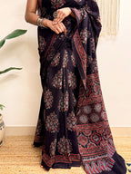 Night Bloom: Black Ajrakh Handblock Printed Mul Cotton Saree