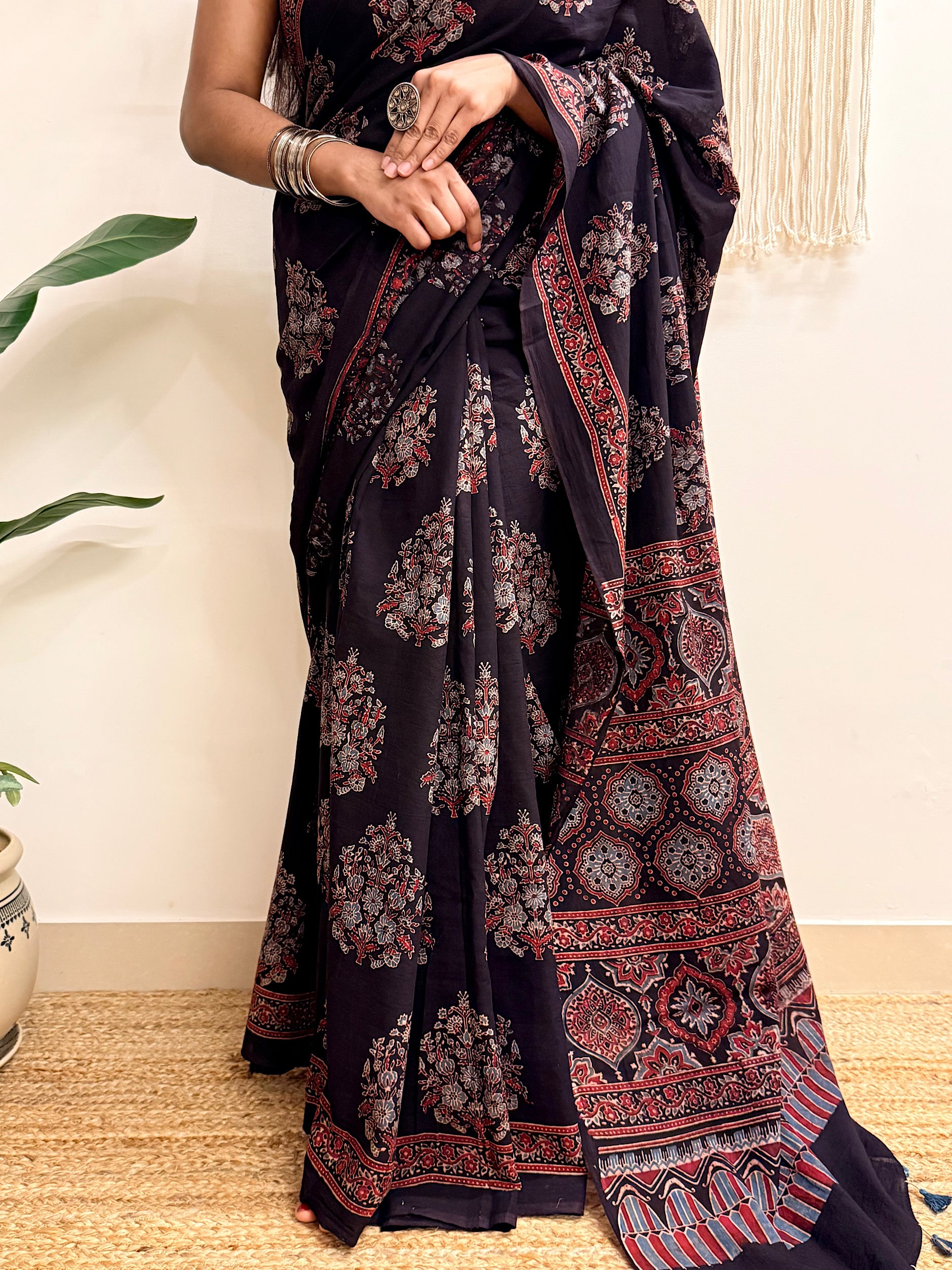 Night Bloom: Black Ajrakh Handblock Printed Mul Cotton Saree