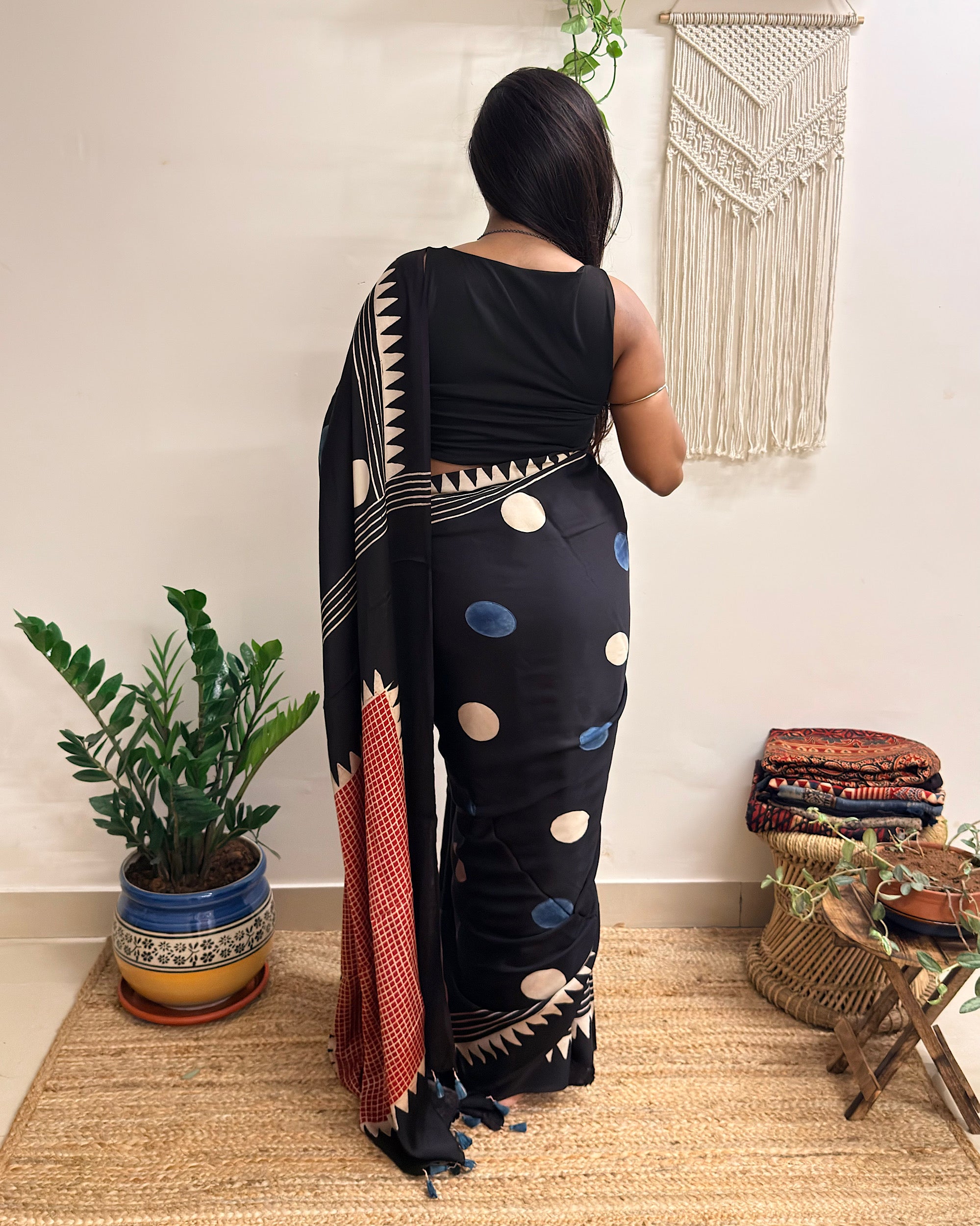 Velvet Night: Black Oversized Polka Dots Ajrakh Handblock Printed Modal Saree