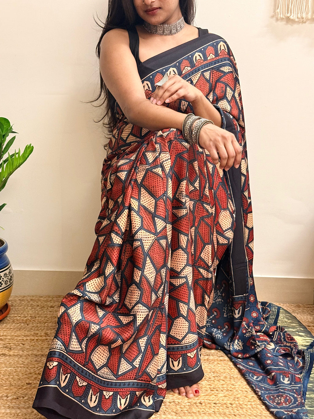 Cosmos: Red And Navy Blue Ajrakh Handblock Printed Modal Saree with Tissue Pallu