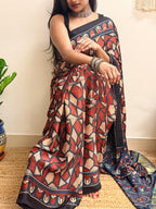 Cosmos: Red And Navy Blue Ajrakh Handblock Printed Modal Saree with Tissue Pallu