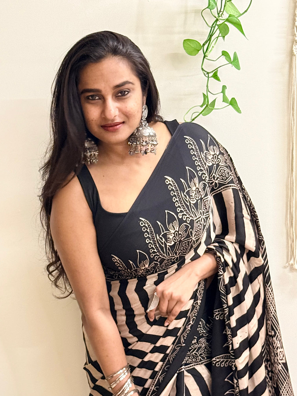 Main Character: Black and Cream Ajrakh Handblock Printed Modal Saree with Tissue Pallu