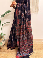 Night Bloom: Black Ajrakh Handblock Printed Mul Cotton Saree