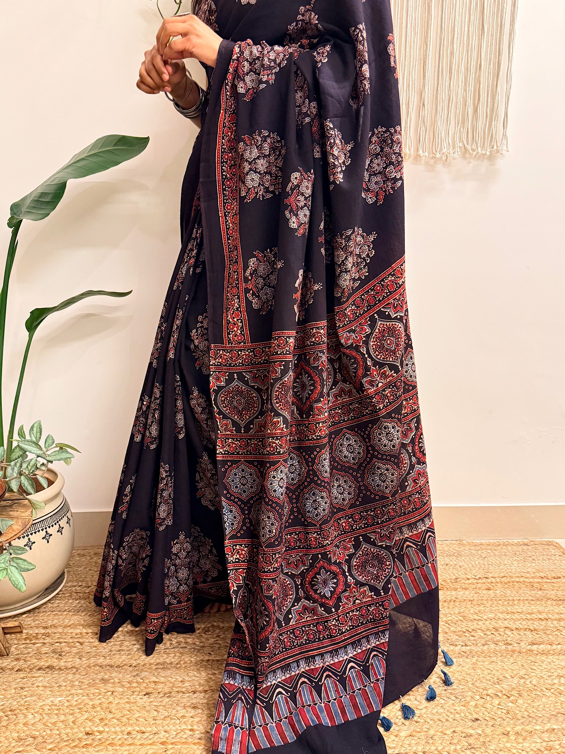 Night Bloom: Black Ajrakh Handblock Printed Mul Cotton Saree