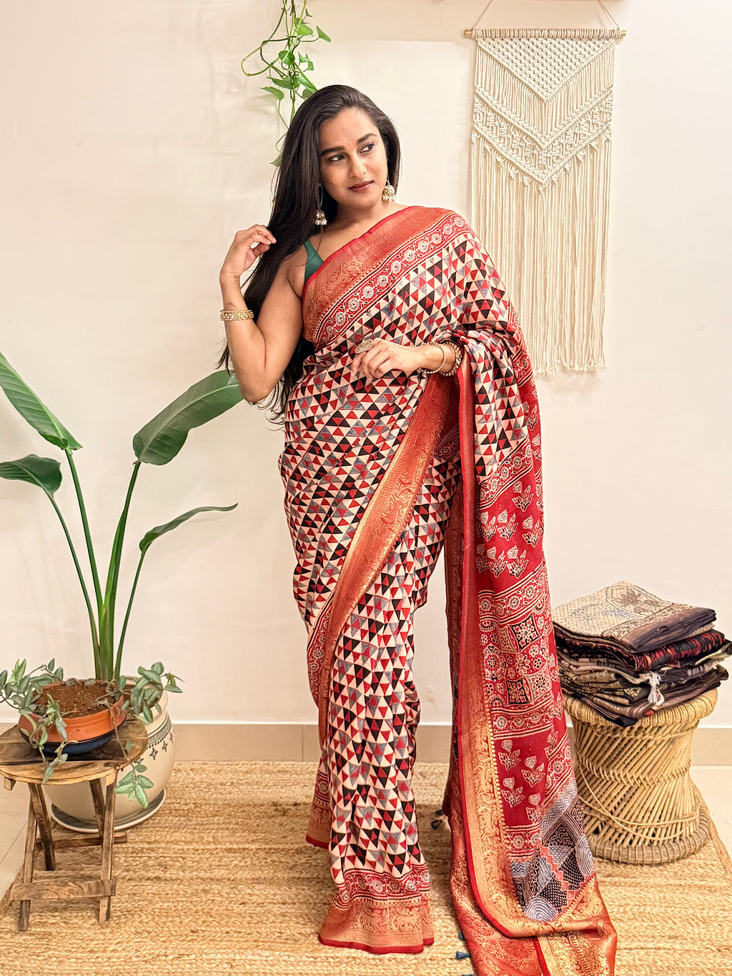 Dilruba: Cream and Red Ajrakh Handblock Printed Dola Silk Saree