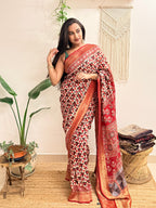 Dilruba: Cream and Red Ajrakh Handblock Printed Dola Silk Saree
