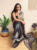 Meet me at Dusk: Charcoal Black Ajrakh Handblock Printed Modal Satin Saree with Tissue Pallu