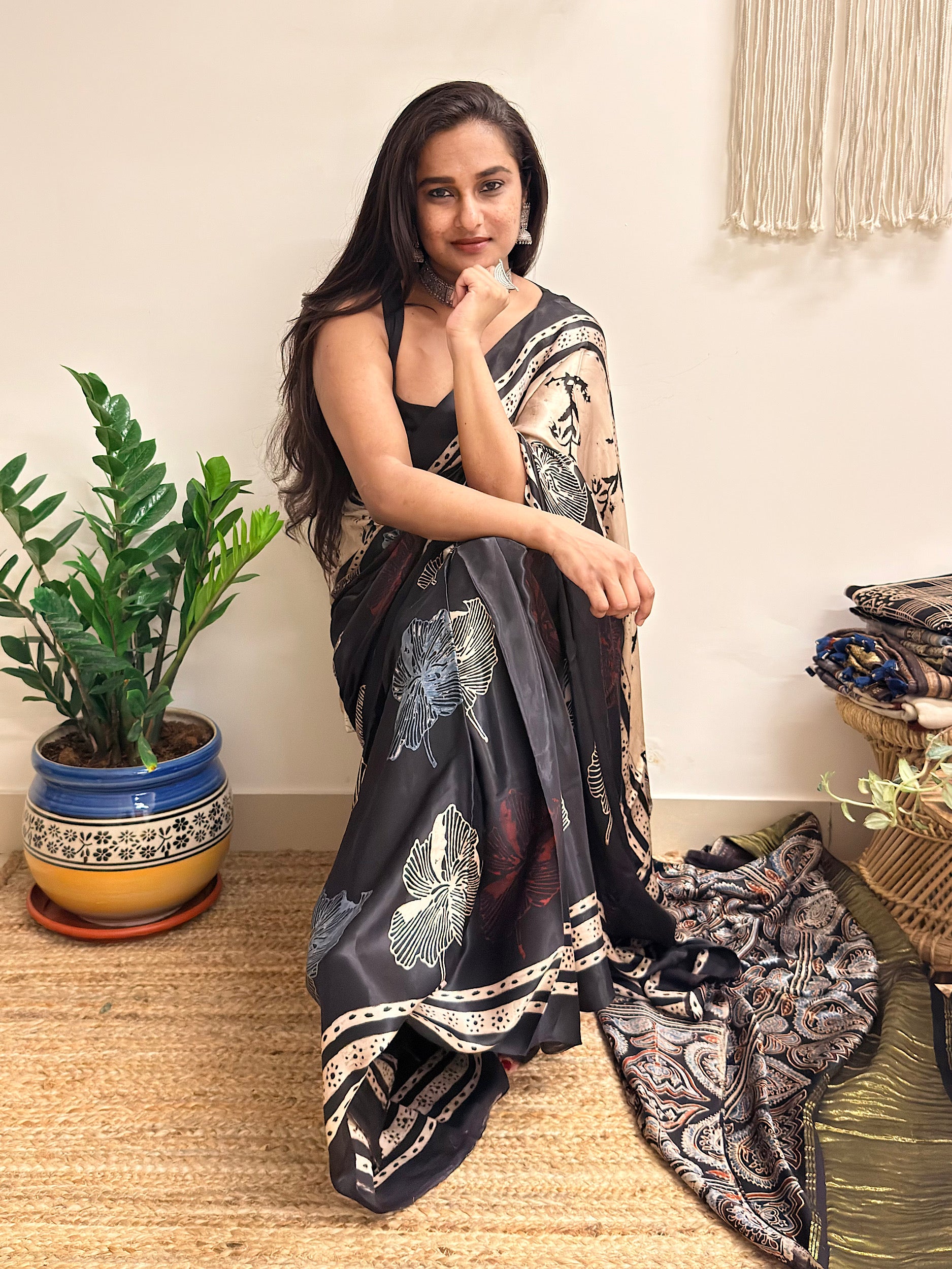 Meet me at Dusk: Charcoal Black Ajrakh Handblock Printed Modal Satin Saree with Tissue Pallu