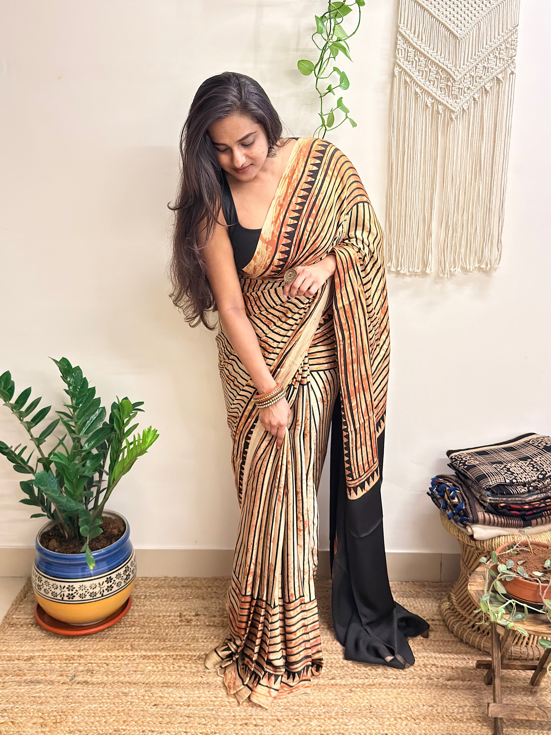 The Eclipse: Beige and Black Striped Ajrakh Handblock Printed Modal Saree