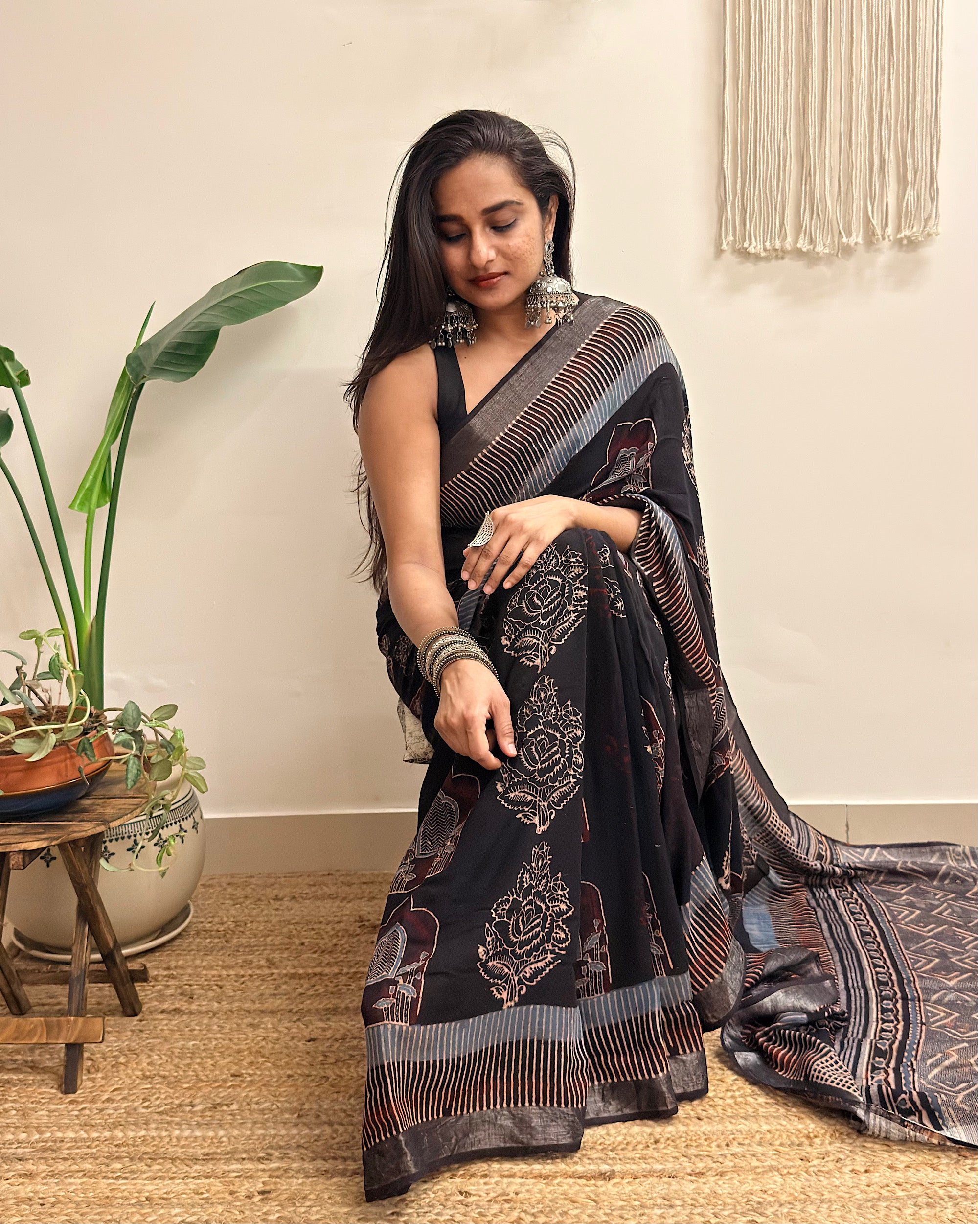 Midnight: Black Ajrakh Handblock Printed Slub Cotton Saree