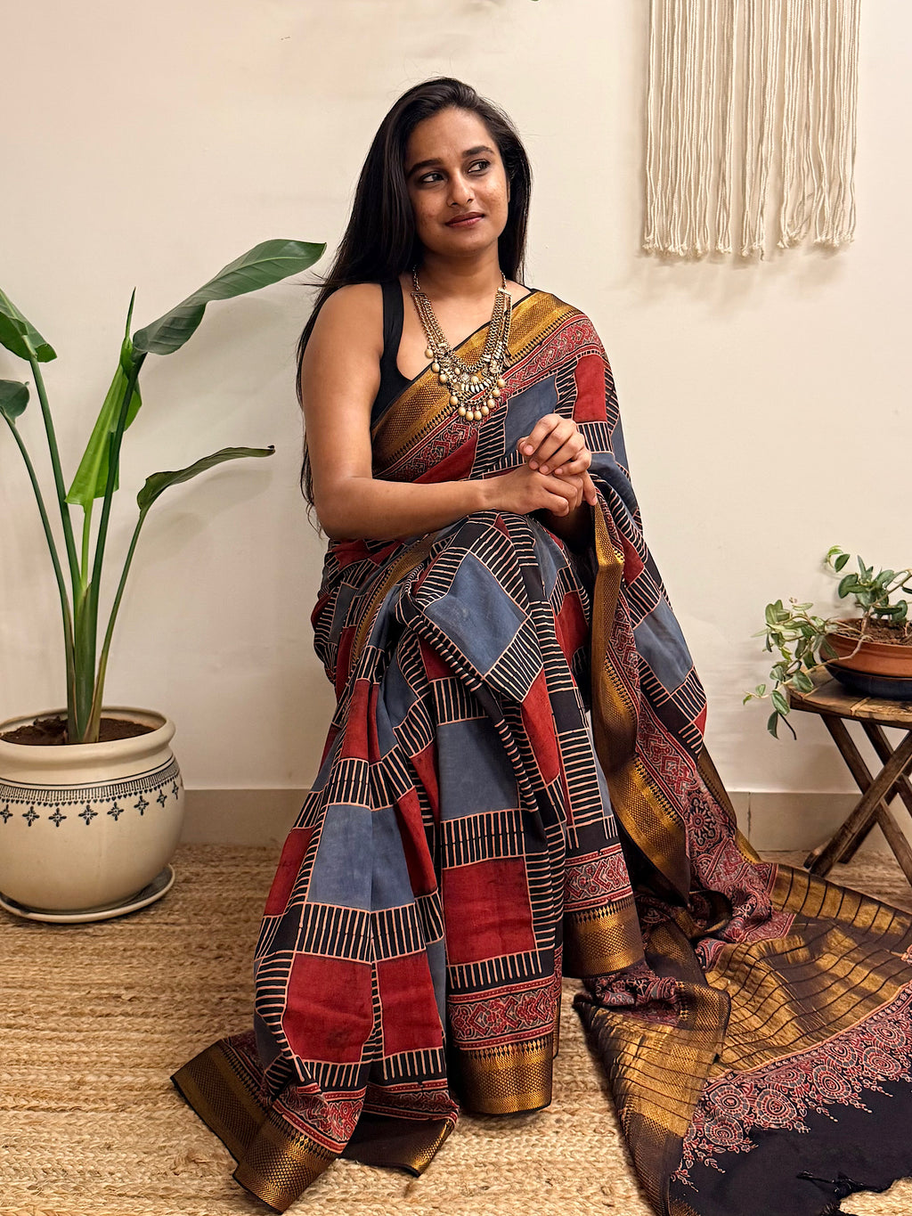Ankahee: Red and Blue Mul Cotton Ajrakh Handblock Printed Saree with Zari Border