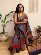 Ankahee: Red and Blue Mul Cotton Ajrakh Handblock Printed Saree with Zari Border