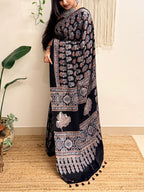 Nazakat: Black Ajrakh Handblock Printed Modal Saree