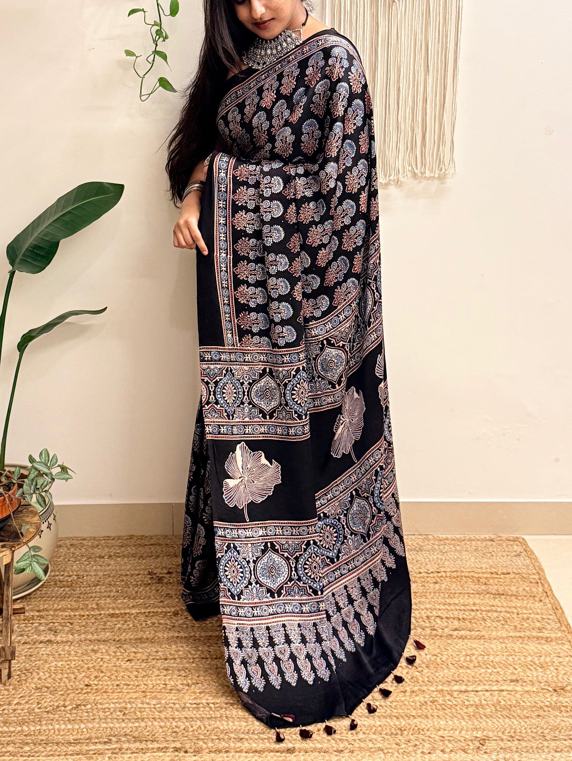 Nazakat: Black Ajrakh Handblock Printed Modal Saree