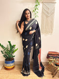 Velvet Night: Black Oversized Polka Dots Ajrakh Handblock Printed Modal Saree