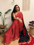 Aarzoo: Red and Cream Striped Ajrakh Handblock Printed Modal Saree
