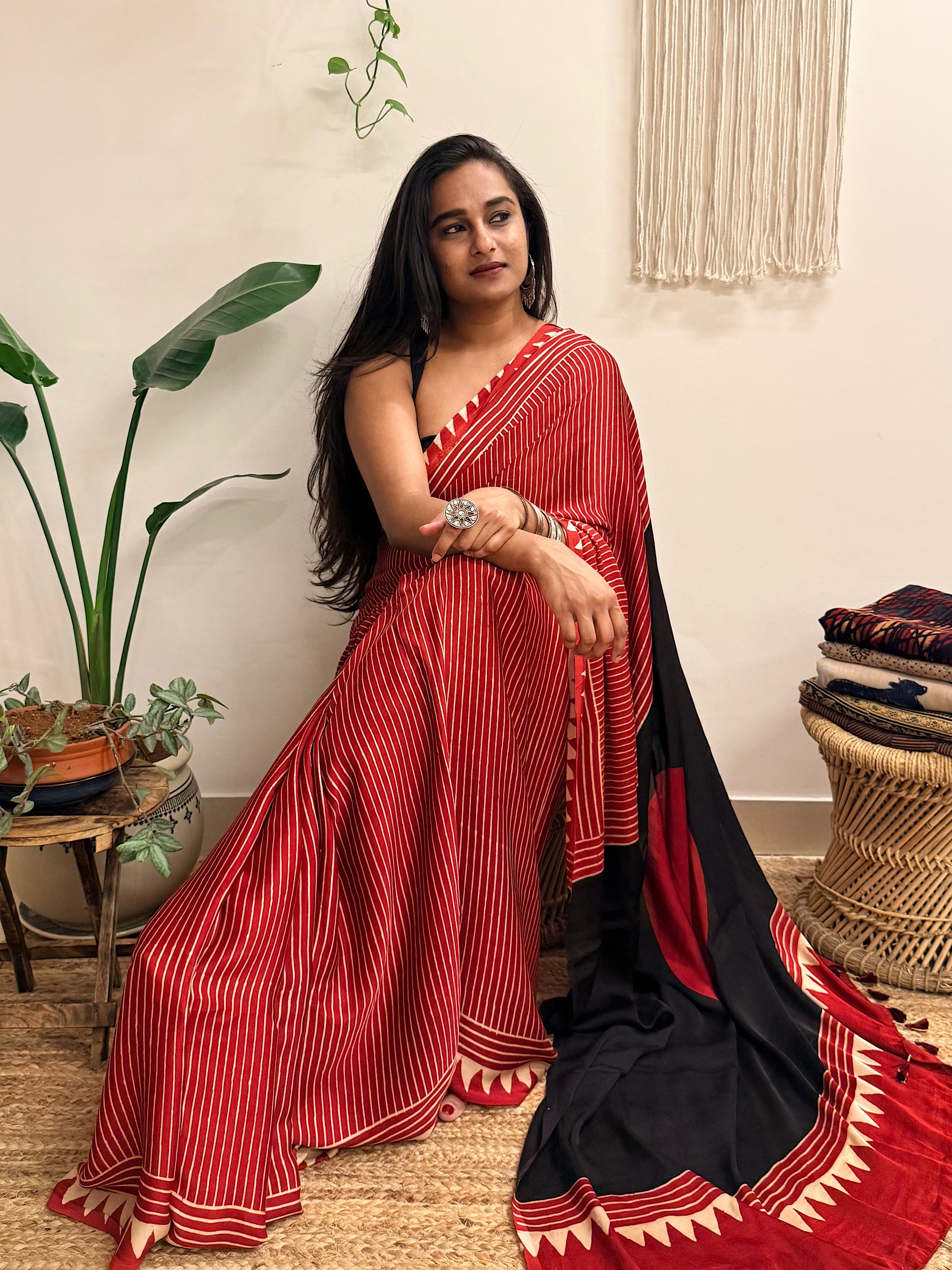 Aarzoo: Red and Cream Striped Ajrakh Handblock Printed Modal Saree