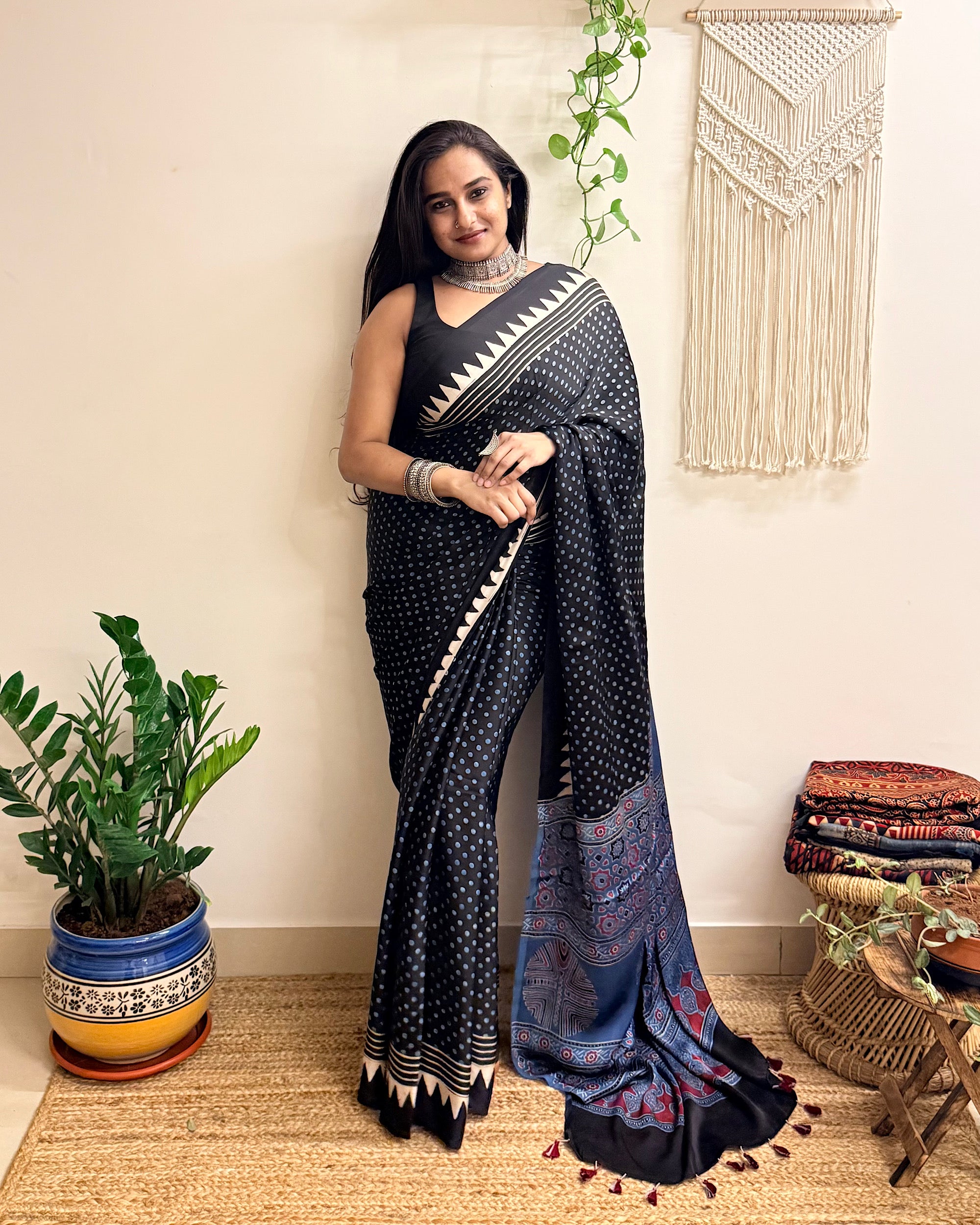 Moondust: Black Polka Dots Ajrakh Handblock Printed Modal Saree