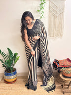 Main Character: Black and Cream Ajrakh Handblock Printed Modal Saree with Tissue Pallu