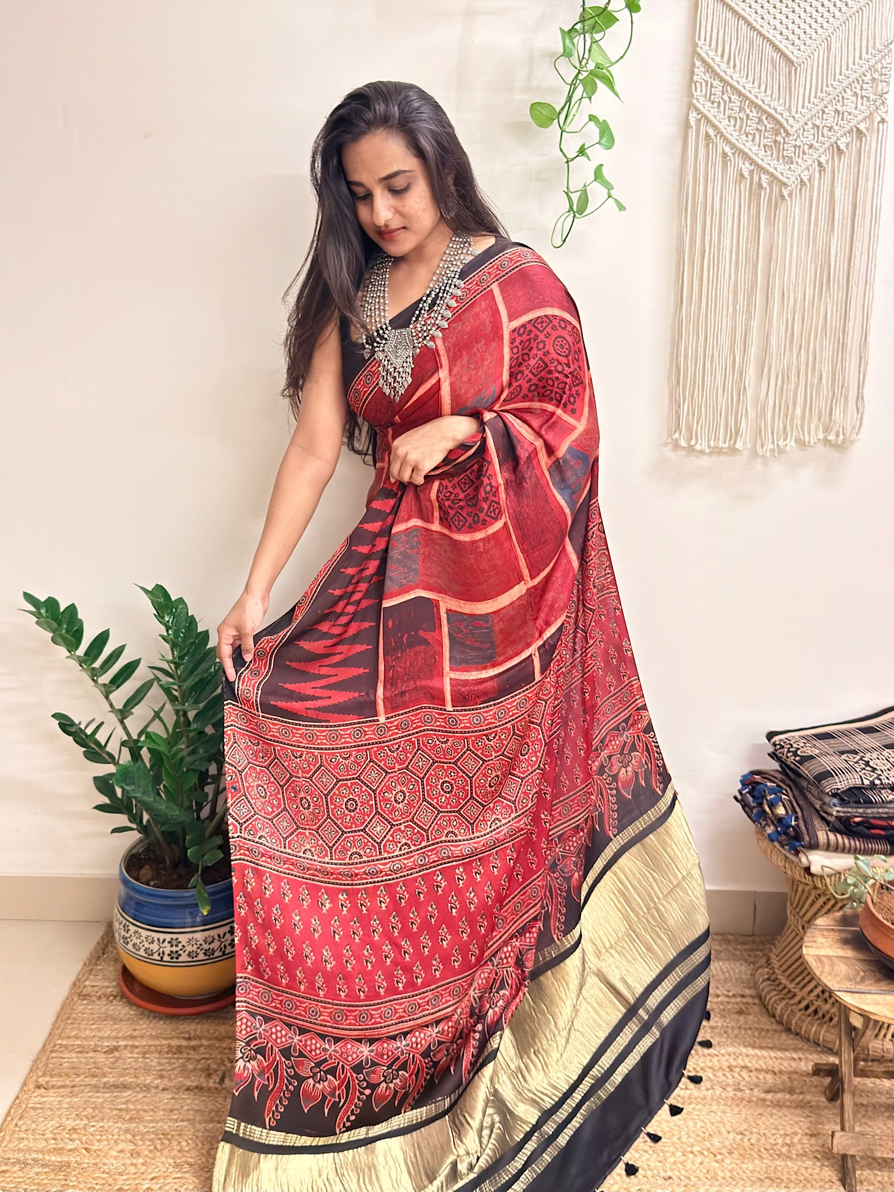 Jugnu: Deep Red and Black Ajrakh Handblock Printed Modal Saree with Tissue Pallu