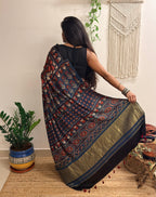 Cosmos: Red And Navy Blue Ajrakh Handblock Printed Modal Saree with Tissue Pallu