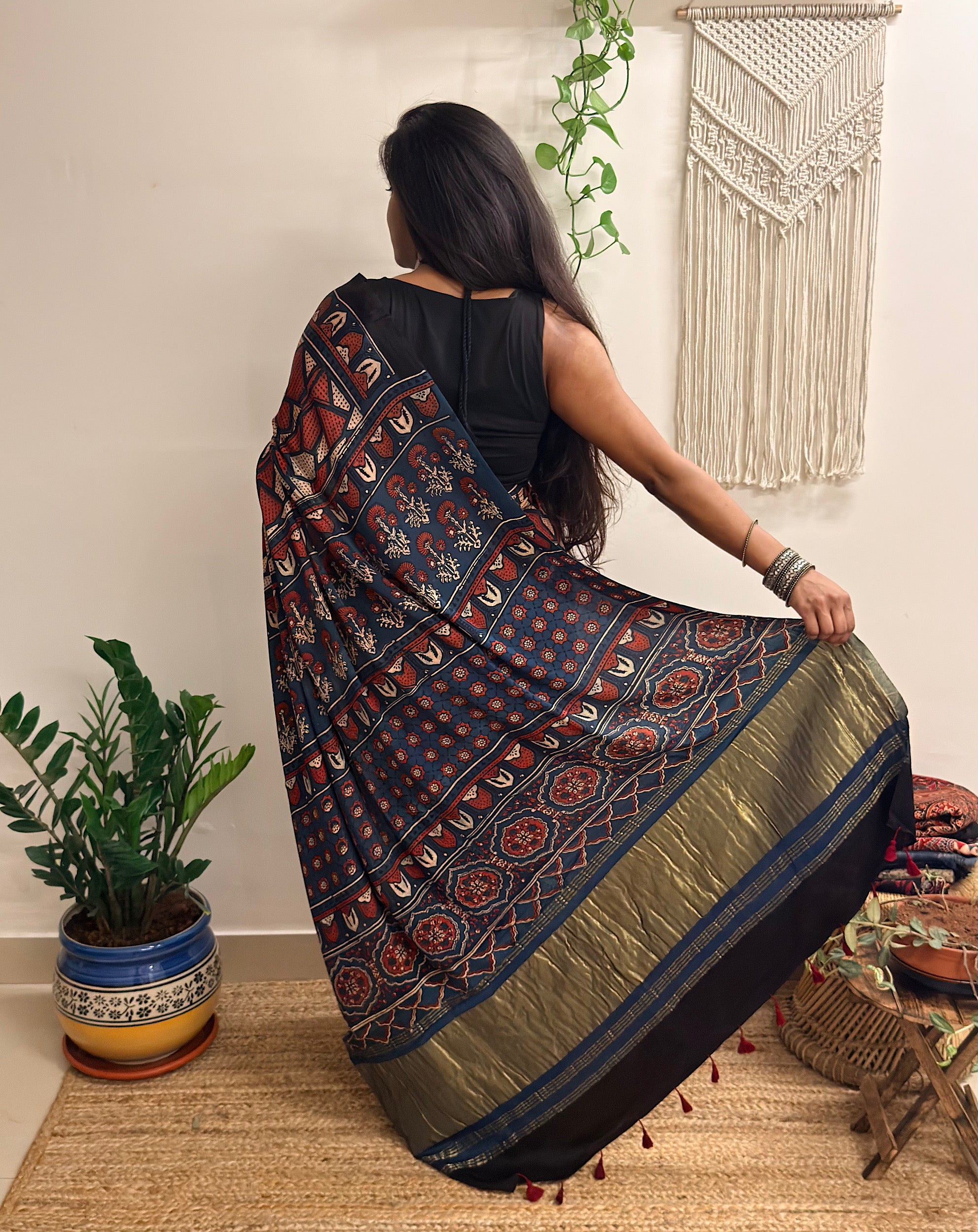 Cosmos: Red And Navy Blue Ajrakh Handblock Printed Modal Saree with Tissue Pallu
