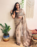 Sarsarahat: Beige Ajrakh Handblock Printed Kota Doria Saree