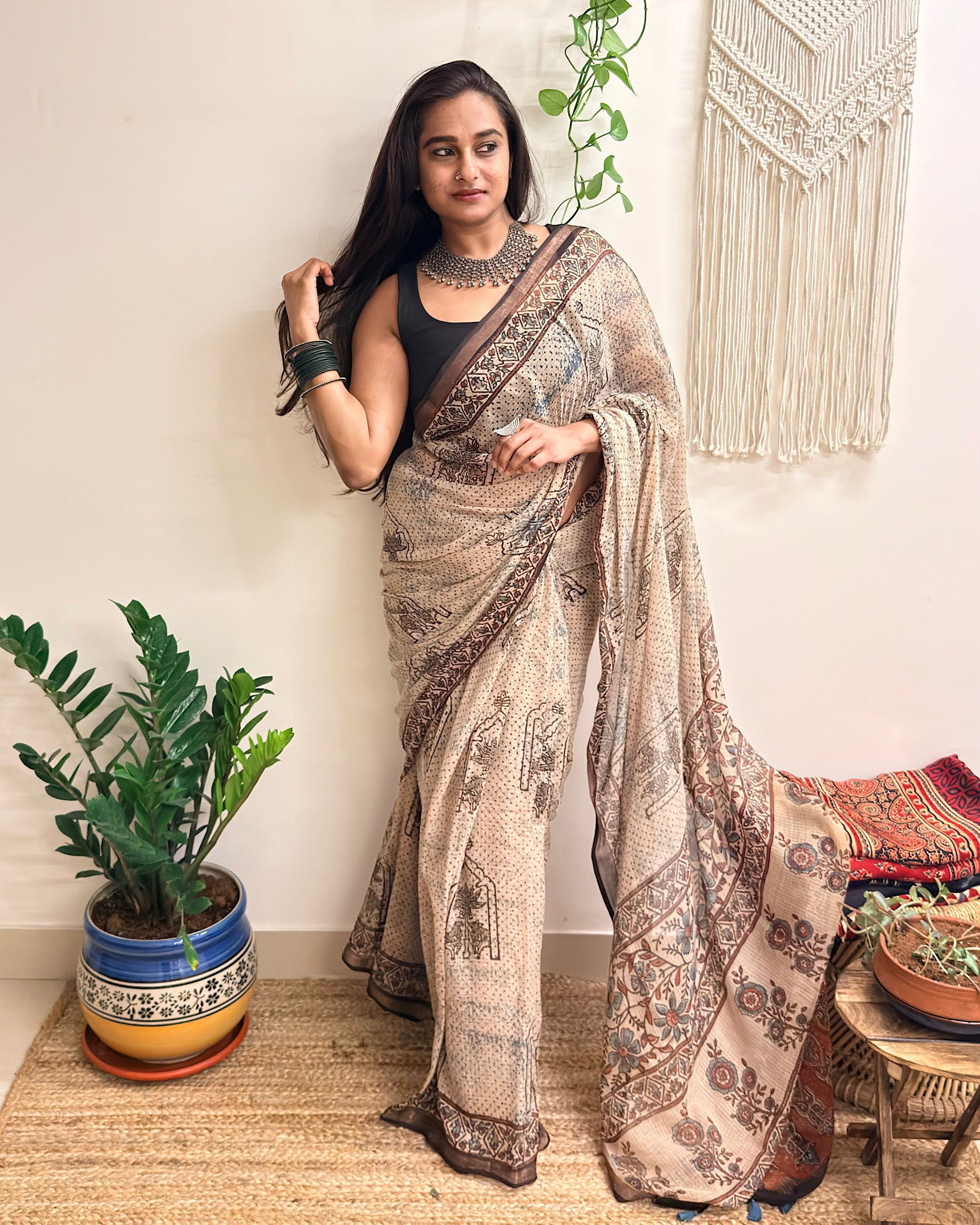 Sarsarahat: Beige Ajrakh Handblock Printed Kota Doria Saree
