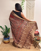 Ganache: Red and Brown Ajrakh Handblock Printed Dola Silk Saree