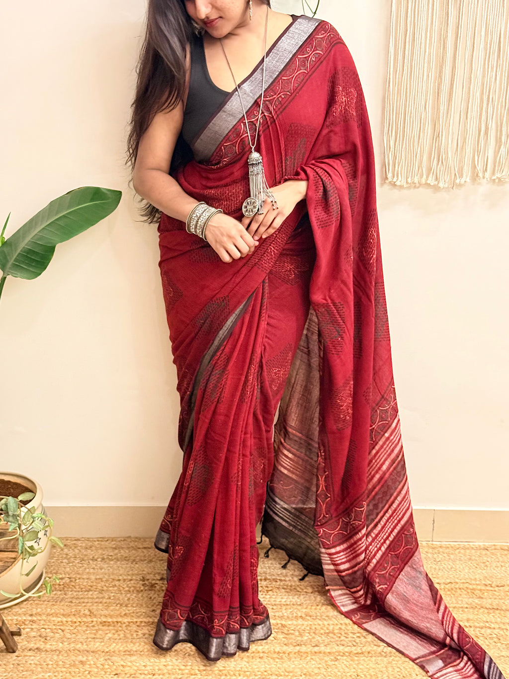 Slow Burn: Deep Maroon Ajrakh Handblock Printed Slub Cotton Saree