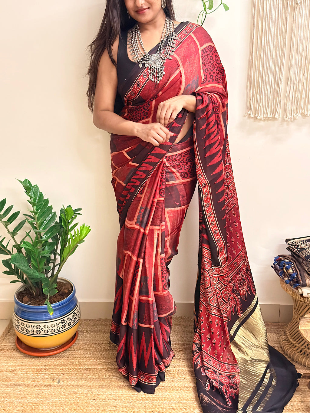 Jugnu: Deep Red and Black Ajrakh Handblock Printed Modal Saree with Tissue Pallu