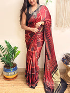 Jugnu: Deep Red and Black Ajrakh Handblock Printed Modal Saree with Tissue Pallu