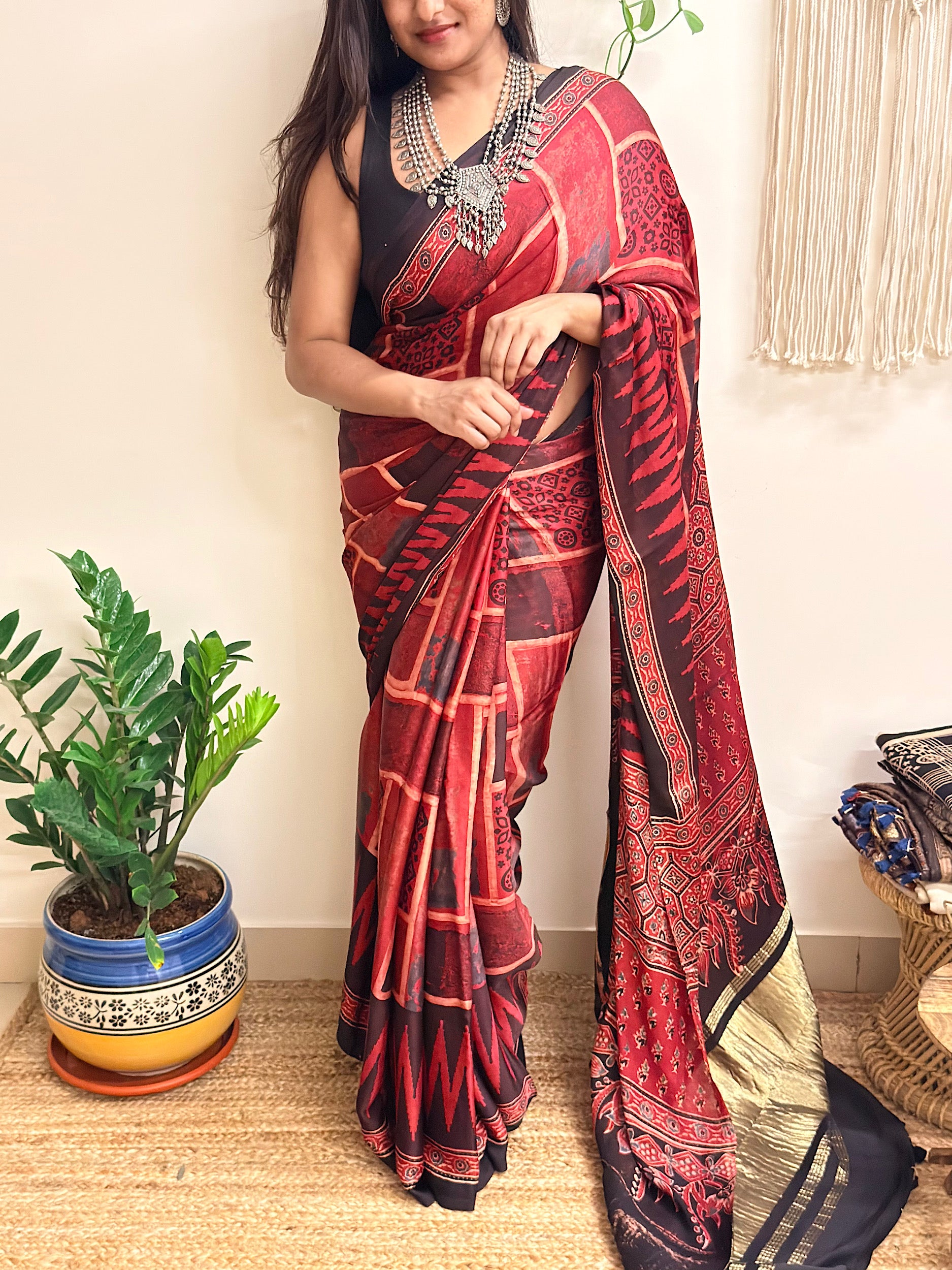 Jugnu: Deep Red and Black Ajrakh Handblock Printed Modal Saree with Tissue Pallu