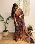 Ankahee: Red and Blue Mul Cotton Ajrakh Handblock Printed Saree with Zari Border