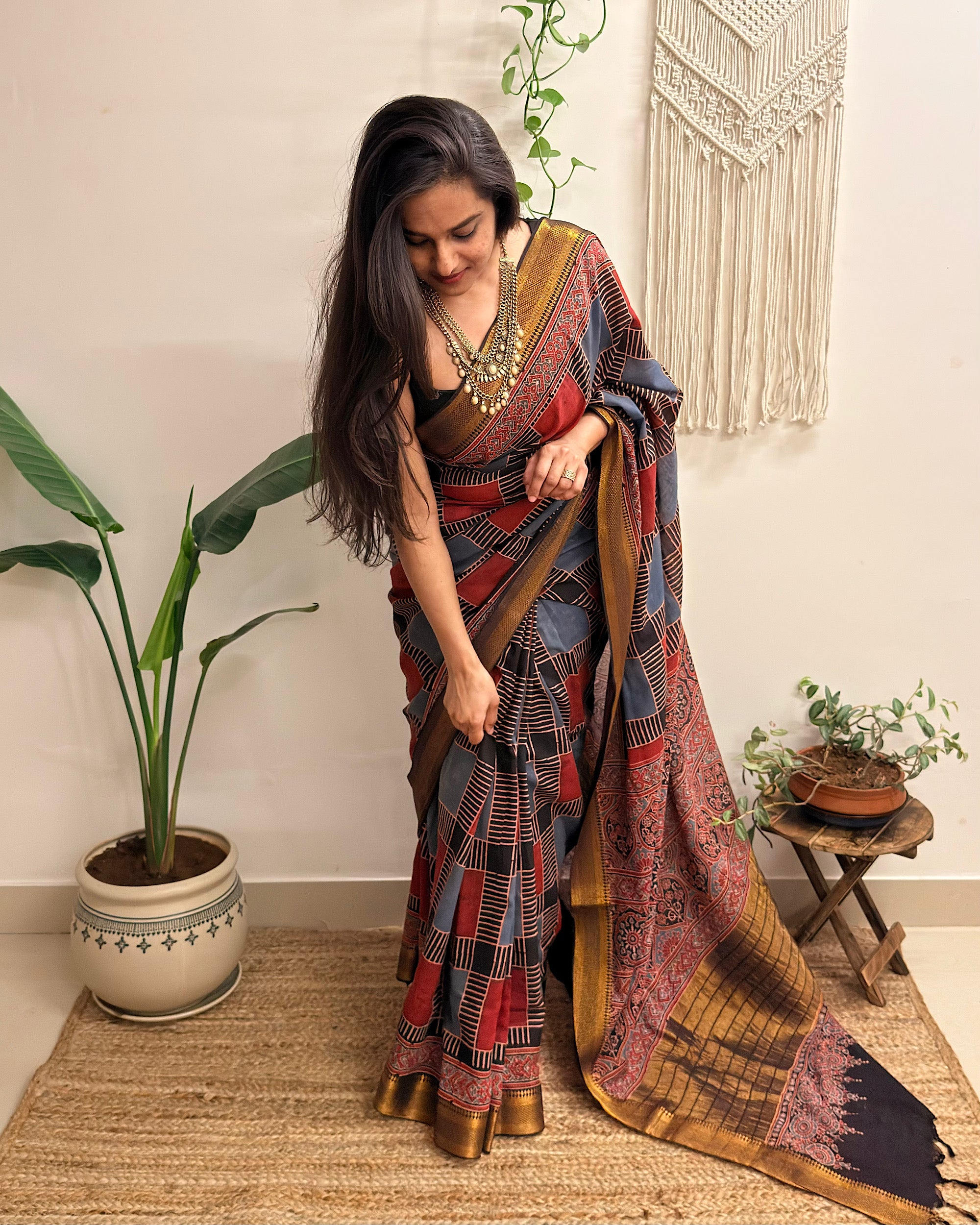 Ankahee: Red and Blue Mul Cotton Ajrakh Handblock Printed Saree with Zari Border