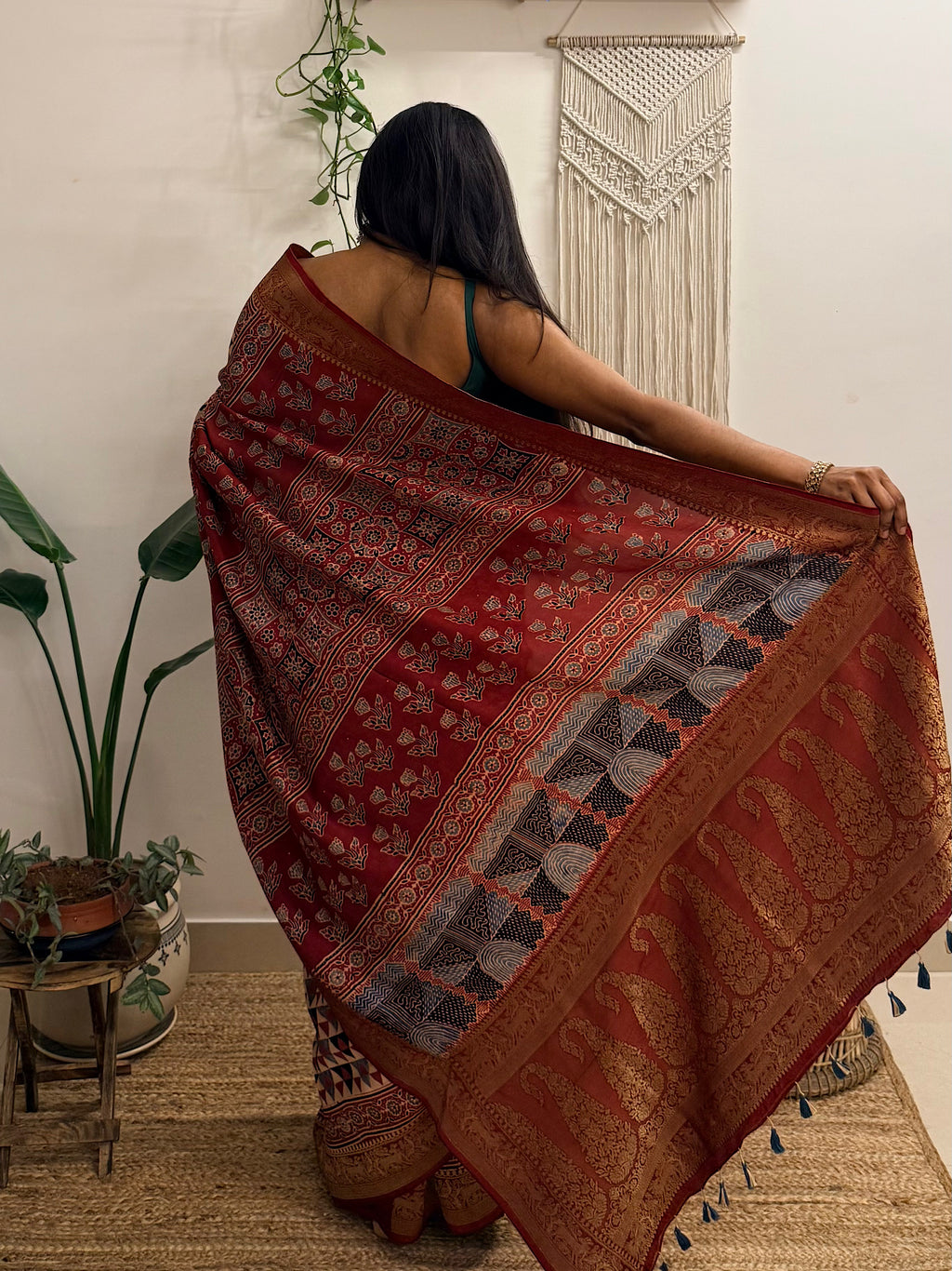 Dilruba: Cream and Red Ajrakh Handblock Printed Dola Silk Saree