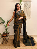 Gulzar: Forest Green and Mustard Ajrakh Handblock Printed Mul Cotton Saree