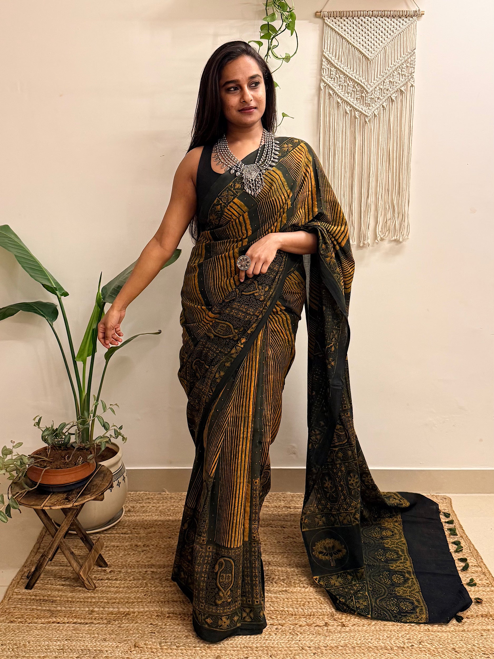 Gulzar: Forest Green and Mustard Ajrakh Handblock Printed Mul Cotton Saree