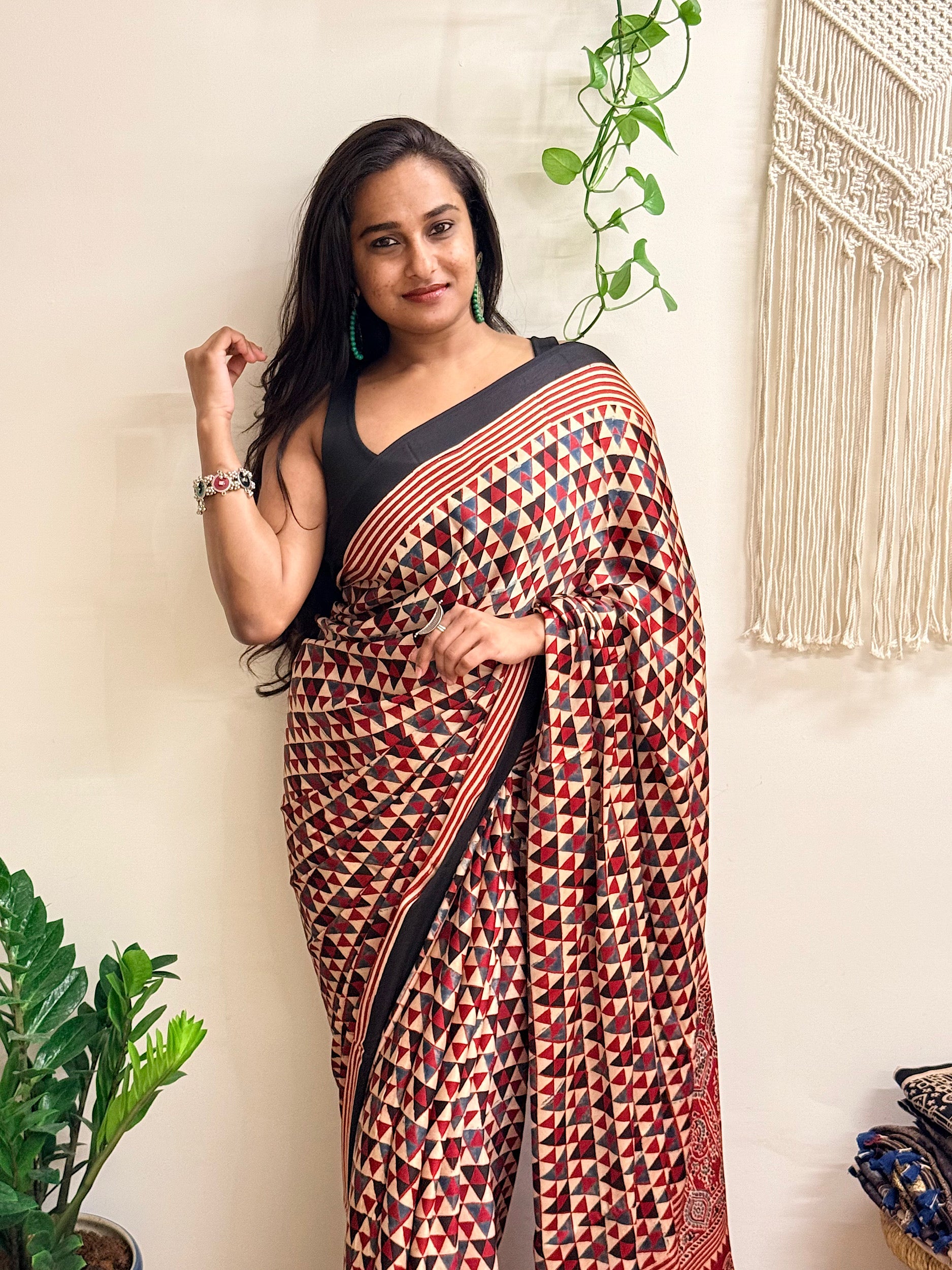 Daydream: Cream and Red Ajrakh Handblock Printed Modal Saree