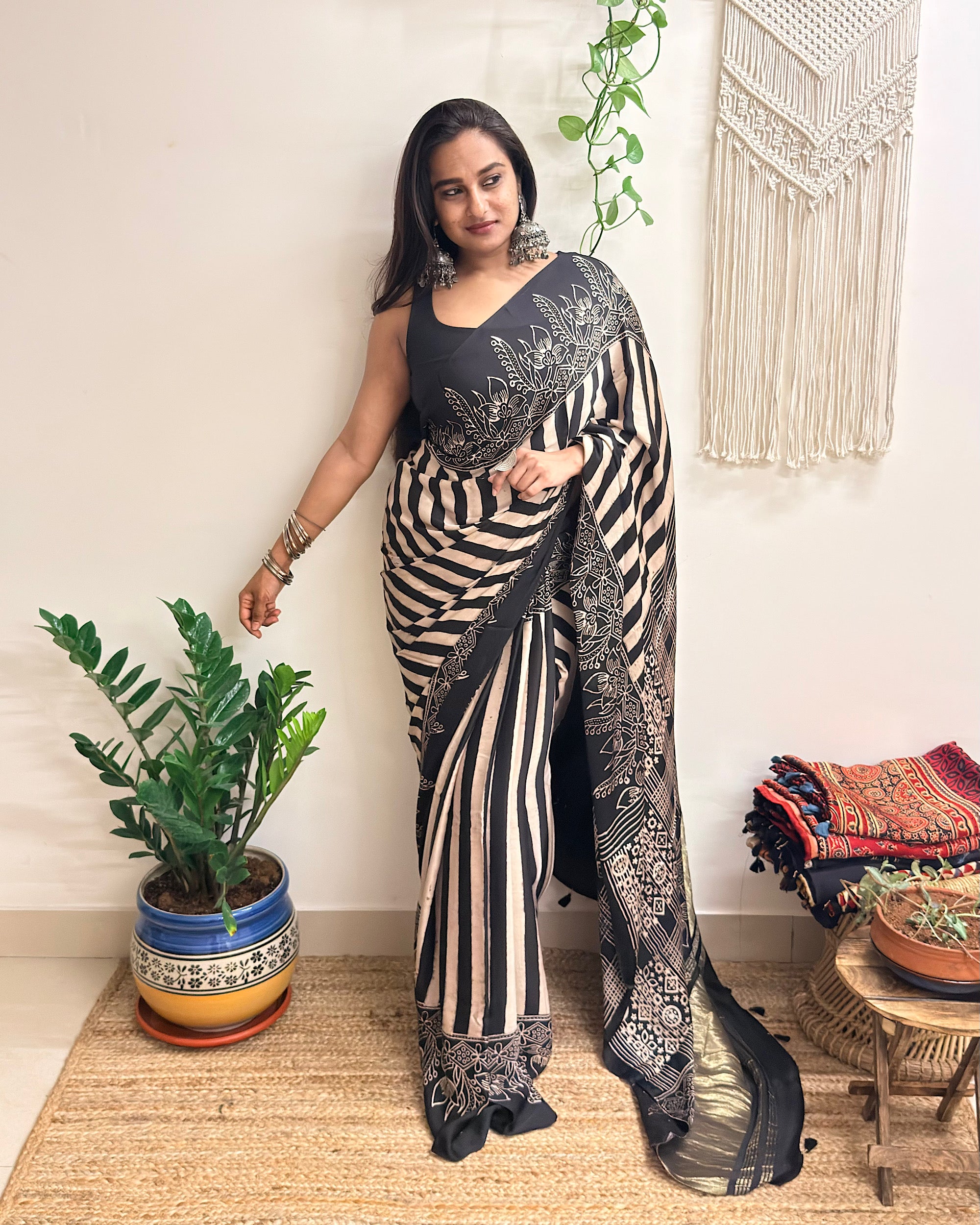 Main Character: Black and Cream Ajrakh Handblock Printed Modal Saree with Tissue Pallu